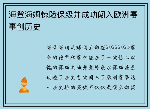 海登海姆惊险保级并成功闯入欧洲赛事创历史
